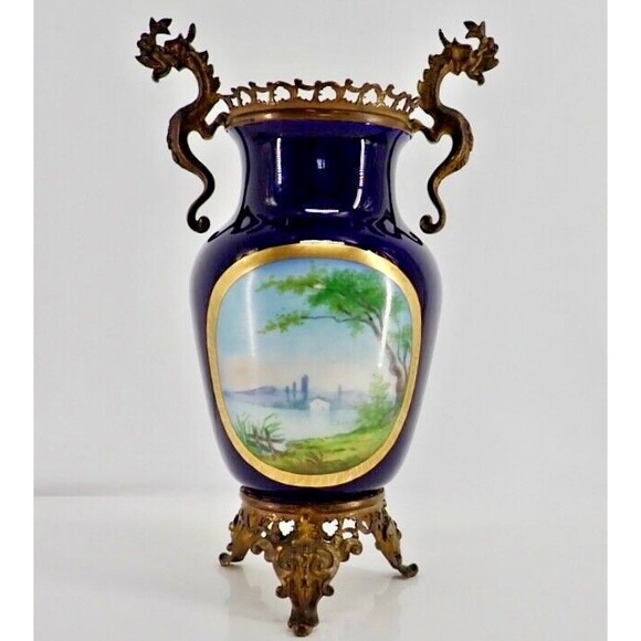 French Sevres Signed Porcelain Cobalt Blue Gilded Vase Bronze Dragon Handles 19C - Picture 2 of 11